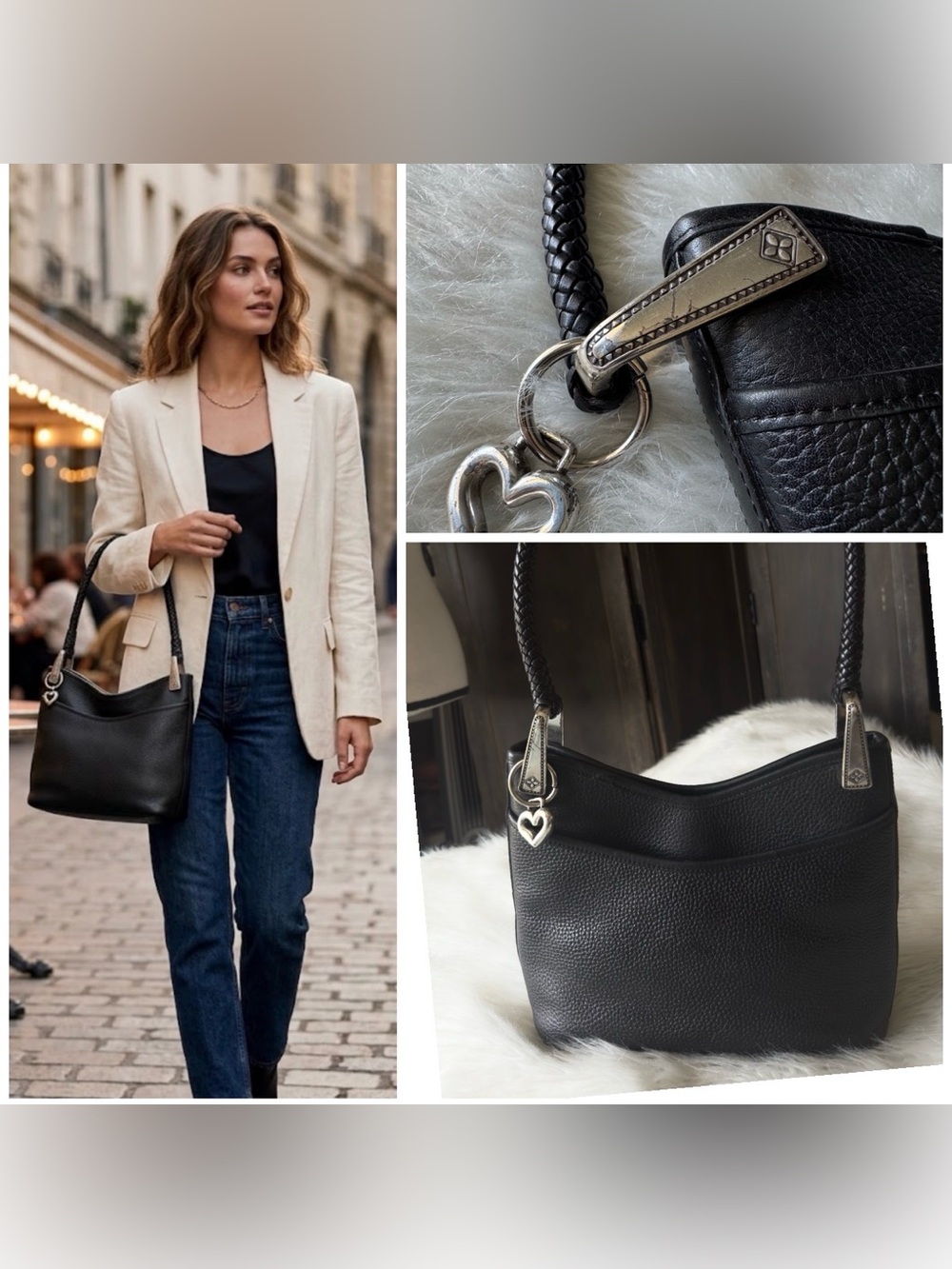 Y2K Brighton Black Pebbled Leather Shoulder Bag Braided Strap Heart Charm Hobo